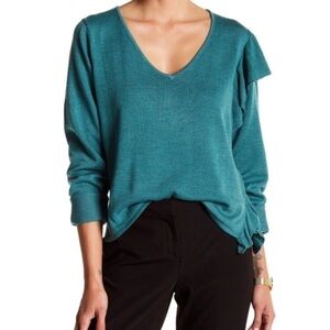 John + Jenn Teal One Shoulder Ruffle Long Sleeve Sweater Size Large